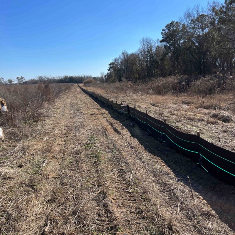 Dirt path with black silt fence, grassy field, trees right.