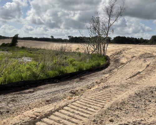 Sandy site with tire tracks, silt fence, and leafless trees.