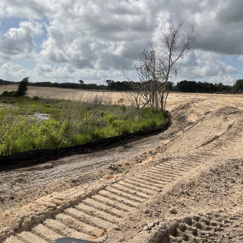 Sandy site with tire tracks, silt fence, and leafless trees.