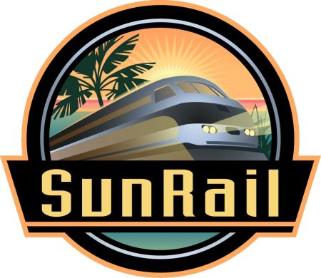 SunRail logo with train, palm trees, sunburst, and yellow text.